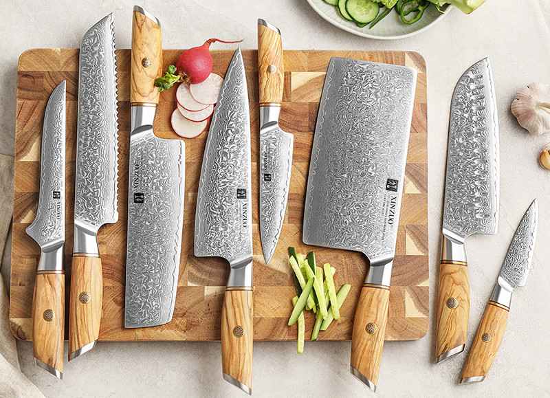 XINZUO B37 5pcs Knife Set with Olive Wood + Copper Flower Nails